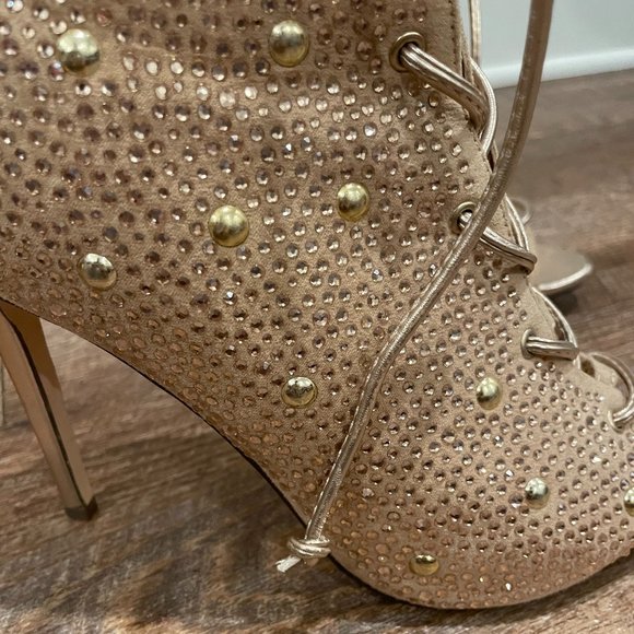 Rhinestone Booties, Laced Up Booties, Nude Heels - Picture 5 of 7